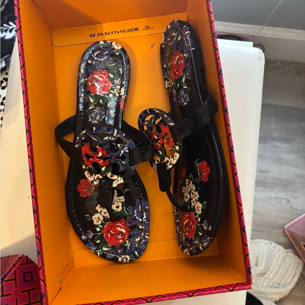 Tory Burch Navy Floral Miller Sandals with Red and Blue Flowers